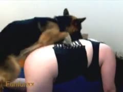 A charming older woman wearing dark nylons is being drilled by her big pet.